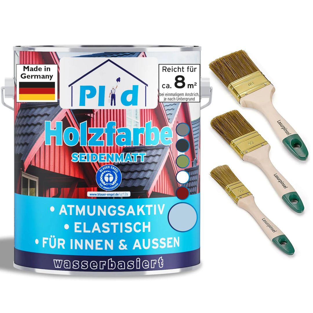 Eine Dose plid Holzfarbe - Anstreichset mit einem leuchtenden deutschen Etikett mit roten Häusern und drei Pinseln. Die wasserbasierte Formel ist perfekt für den Holzschutz im Innen- und Außenbereich und wird in Deutschland hergestellt.