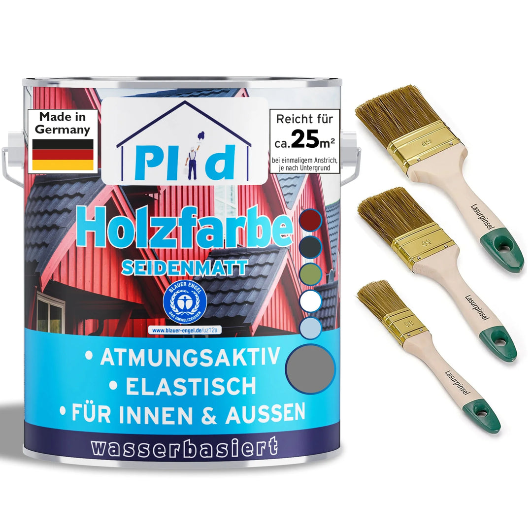 Eine Dose plid Holzfarbe - Anstreichset in seidenmattem, blauem und rotem Design, gekennzeichnet für die Verwendung im Innen- und Außenbereich, wird mit drei Pinseln mit grünem Stiel gezeigt. Das deutsche Etikett weist auf Holzschutz auf Wasserbasis hin.