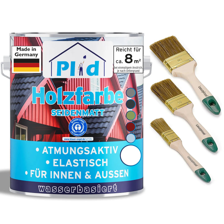 Eine Dose plid Holzfarbe - Anstreichset Holzfarbe mit Hausgrafik, deutschem Text und drei Pinseln. Diese Farbe auf Wasserbasis bietet Holzschutz, ist atmungsaktiv, elastisch und sowohl für den Innen- als auch für den Außenbereich geeignet.