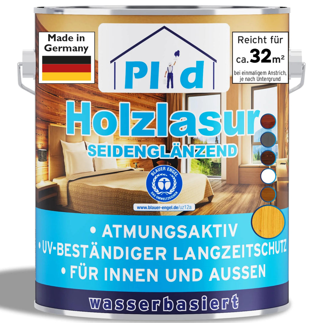 Die plid Holzlasur für innen &amp; außen ist ein wetterfester, wasserbasierter Holzschutz (32 m²) mit UV-Schutz, Atmungsaktivität und Icons plus deutscher Beschriftung. Hergestellt in Deutschland.