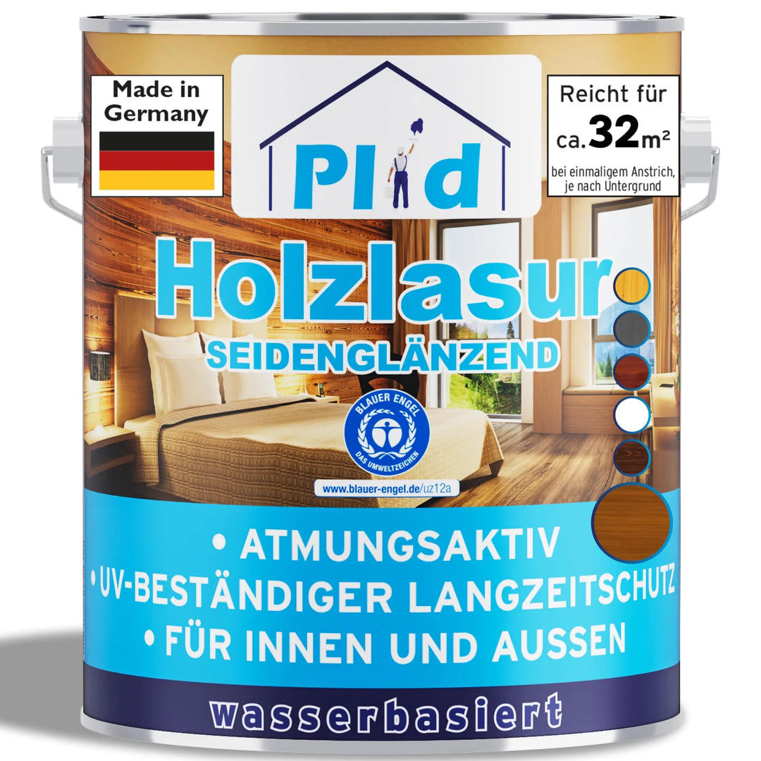 Eine Dose plid Holzlasur für innen &amp; außen - wetterfest &amp; atmungsaktiv bietet UV-Schutz, Atmungsaktivität und Holzschutz. Made in Germany, auf Wasserbasis, deckt ca. 32m²; für innen und außen geeignet. Abgebildetes Wohnzimmer.