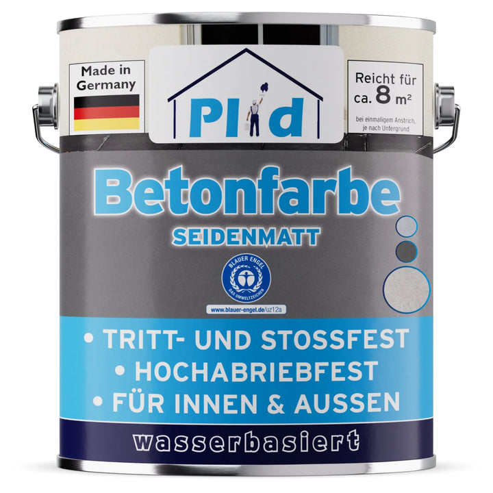 Eine Dose von plid Plid Betonfarbe für Böden &amp; Wände-abriebfest, wetterbeständig, made in Germany, seidenmatt, wasserbasiert; deckt ca. 8 m²; hoch strapazierfähig und stoßfest, ideal für innen &amp; außen.