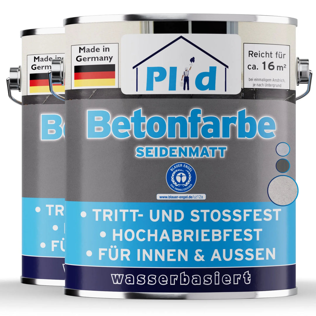 Zwei Dosen plid Betonfarbe für Böden &amp; Wände - abriebfest &amp; wetterbeständig, ideal für Boden- und Wandbeschichtungen im Innen- und Außenbereich; auf Wasserbasis, hohe Abriebfestigkeit. Das Etikett ist in Deutsch.