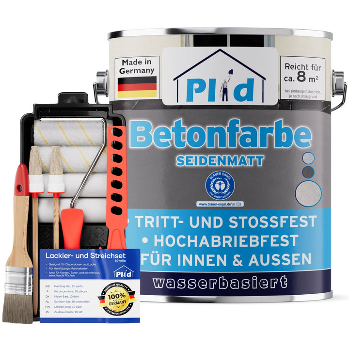 Das Betonfarbe - Anstreichset von plid enthält eine große Dose Seidenmattfarbe, Rolle, Schale, Pinsel, Rührstäbchen und Infokarte. Ideal für hochdeckende Bodenbeschichtungen im Innen- und Außenbereich. Hergestellt in Deutschland.