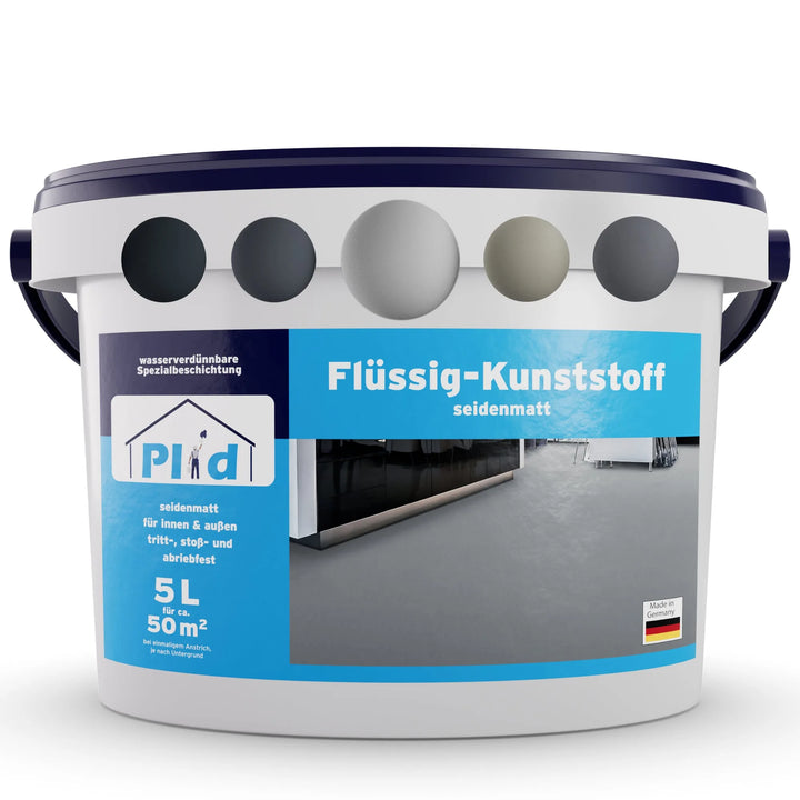 Der plid Flüssigkunststoff Bodenbeschichtung für Innen &amp; Außen - Betonfarbe kommt im 5-Liter-Kunststoffeimer in Weiß und Blau mit Henkel, Etikett, modernem Bodenbild, grauen Mustern; ideal als vielseitige Bodenbeschichtung für innen und außen.