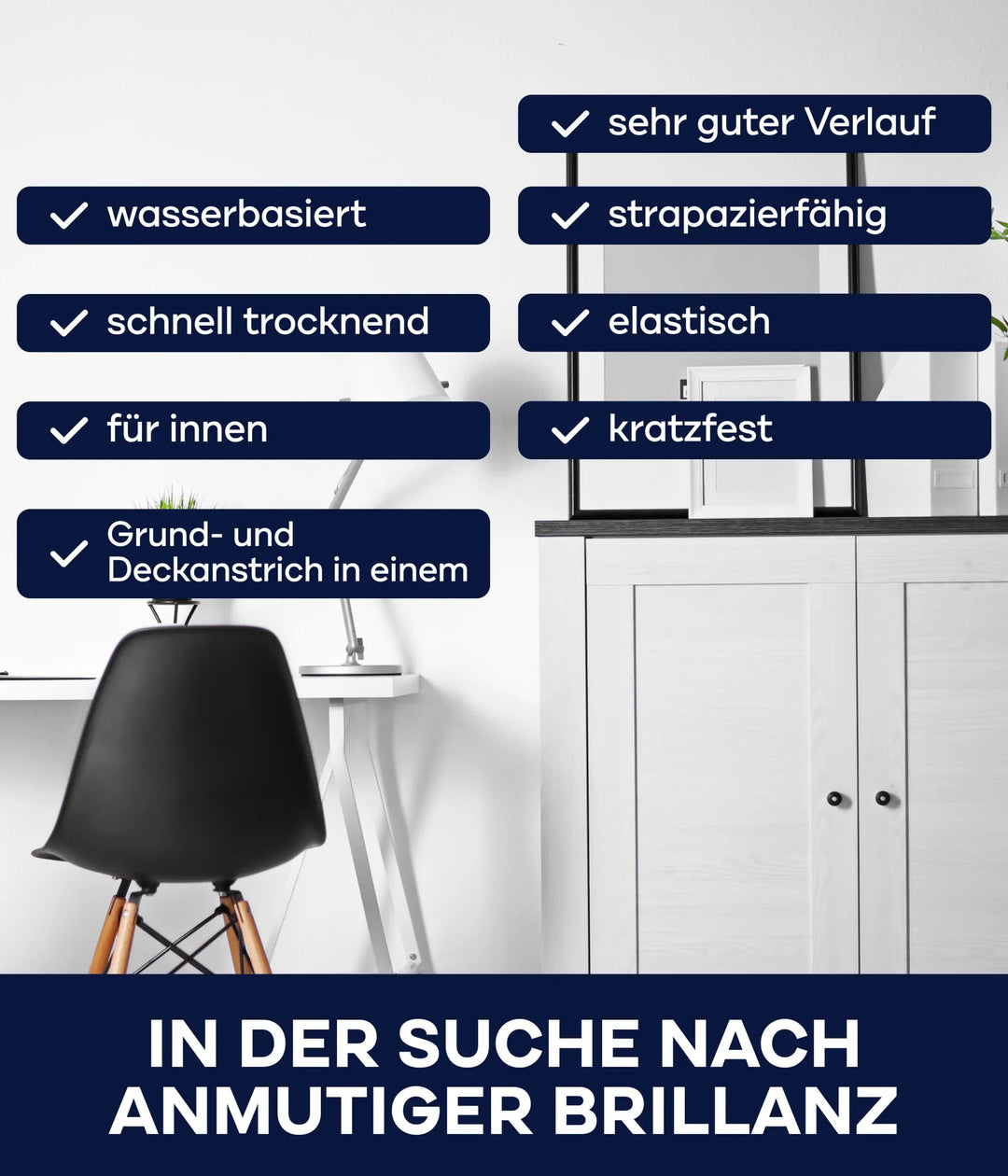 Ein moderner schwarzer Stuhl und ein weißer Schreibtisch mit minimalem Dekor. Blaue Overlays unterstreichen plid&