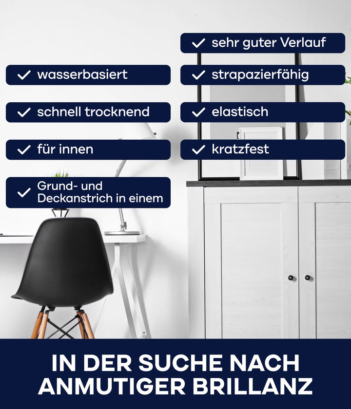 Ein moderner schwarzer Stuhl und ein weißer Schreibtisch mit minimalem Dekor. Blaue Overlays unterstreichen plid&