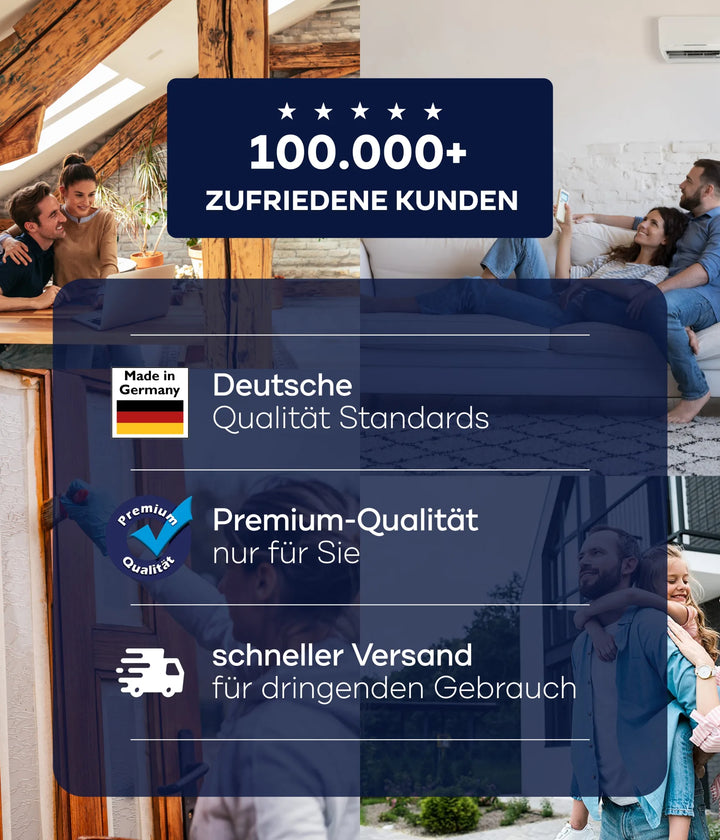 Eine Werbegrafik zeigt zufriedene Kunden, ein Banner "100.000+ zufriedene Kunden" und Icons für Deutsche Qualitätsstandards, Premium-Qualität mit Premium Weißlack und schneller Versand-perfekt für professionelle Möbellackierung mit plid Möbellack-Lackierset.
