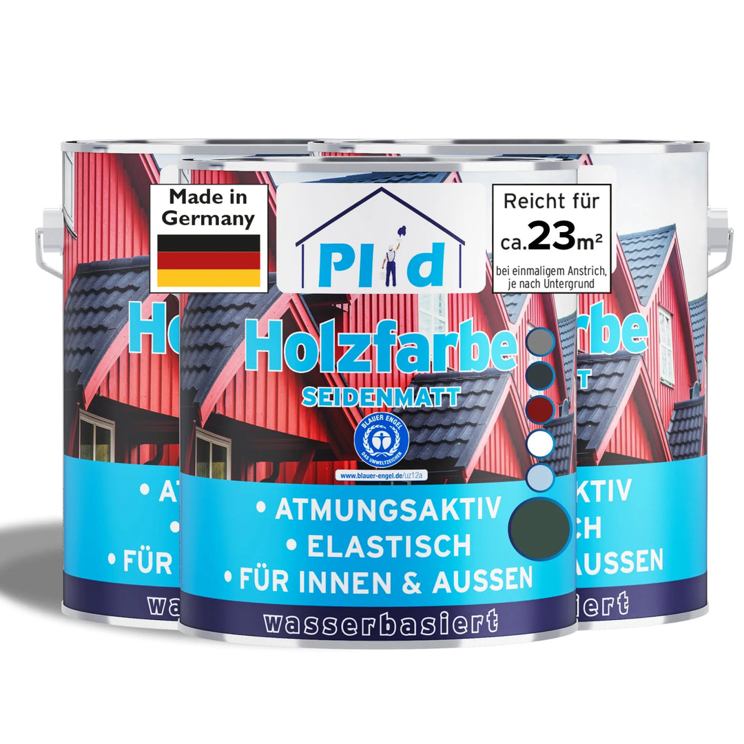 Drei Dosen plid Wetterschutz Holzfarbe mit rotem Holzhaus, Deutschlandflagge und Text: Made in Germany, Seidenmatt, Für Innen &amp; Außen; jede Dose reicht für 23m². Marke: plid.