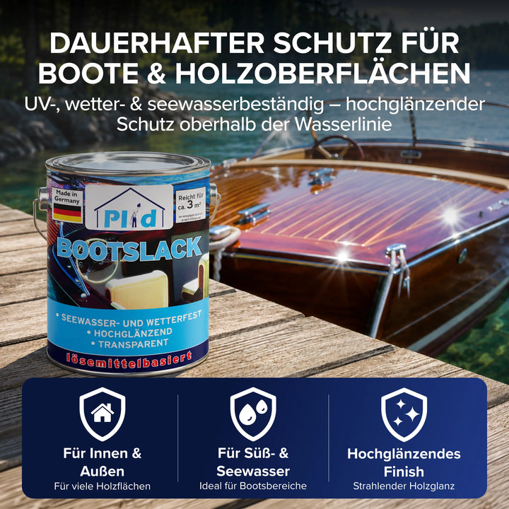 Vor einem glänzenden Holzboot auf dem Wasser steht eine Dose „Plid Bootslack – wetterfest &amp; hochglänzend für Holz &amp; Außenbereich“. Der Text hebt mithilfe von Symbolen die UV-, Wetter- und Meerwasserbeständigkeit, die Eignung für den Innen- und Außenbereich sowie den Hochglanz hervor.