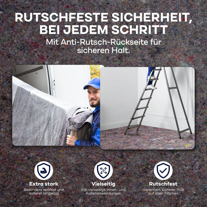 Ein Möbelpacker trägt ein verpacktes Sofa, während ein anderer auf einer Leiter über plid Abdeckvlies 220 g/m² steht. Drei Icons zeigen die Stärke, Vielseitigkeit und Rutschfestigkeit des Materials - ideal für Renovierung &amp; Bau. Ein deutscher Text erklärt die Vorteile des plid-Produkts.