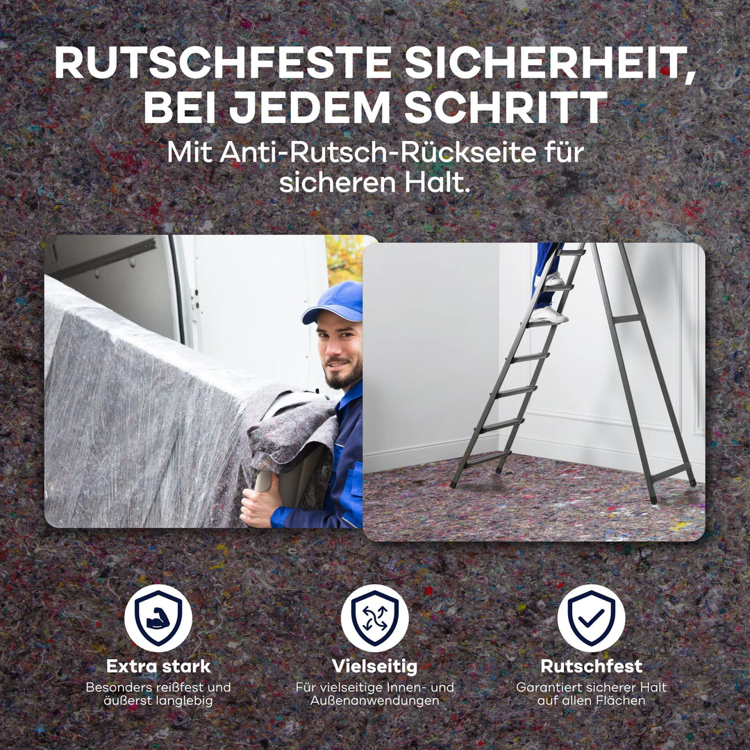 Ein Möbelpacker trägt ein abgedecktes Objekt, während jemand auf einer Leiter steht, die auf plid Abdeckvlies 220 g/m² steht, einem Malervlies von plid, das einen rutschfesten, extrastarken und vielseitigen Oberflächenschutz für sichere Renovierungs- und Bauarbeiten bietet.