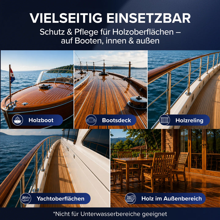 Vier Bilder zeigen Holzoberflächen: Boot, Bootsdeck, Yachtreling und Terrassenmöbel. Schützen und pflegen Sie Holz im Innen- und Außenbereich mit dem plid Bootslack – einem Anstrichset für lang anhaltende Qualität und Glanz.
