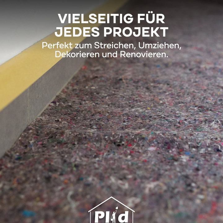 Eine Nahaufnahme eines Bodens mit Plid Abdeckvlies 220 g/m² - Malervlies von plid neben einer Wand. Text oben: Vielseitig bei Renovierung &amp; Bau - ideal zum Streichen, Umziehen, Dekorieren. Plid-Logo unten.