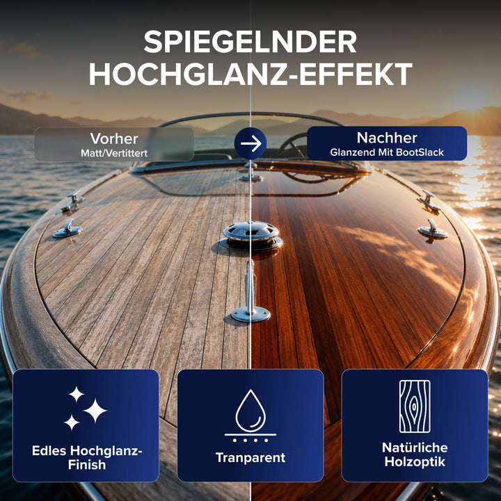 Das Holzdeck eines Bootes auf einem See ist in der Mitte geteilt: Die linke Seite wirkt matt und verwittert, während die rechte Seite, die mit „Plid Bootslack – wetterfest &amp; hochglänzend für Holz &amp; Außenbereich“ behandelt wurde, glänzend, transparent und natürlich aussieht.