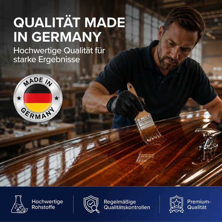 Ein Mann trägt in einer Werkstatt das „Bootslack – Anstreichset“ von plid auf Holz auf. Der Text lautet „Qualität Made in Germany“ und wird von einem Emblem sowie Symbolen für hochwertige Materialien, regelmäßige Qualitätskontrollen und Premiumqualität begleitet.
