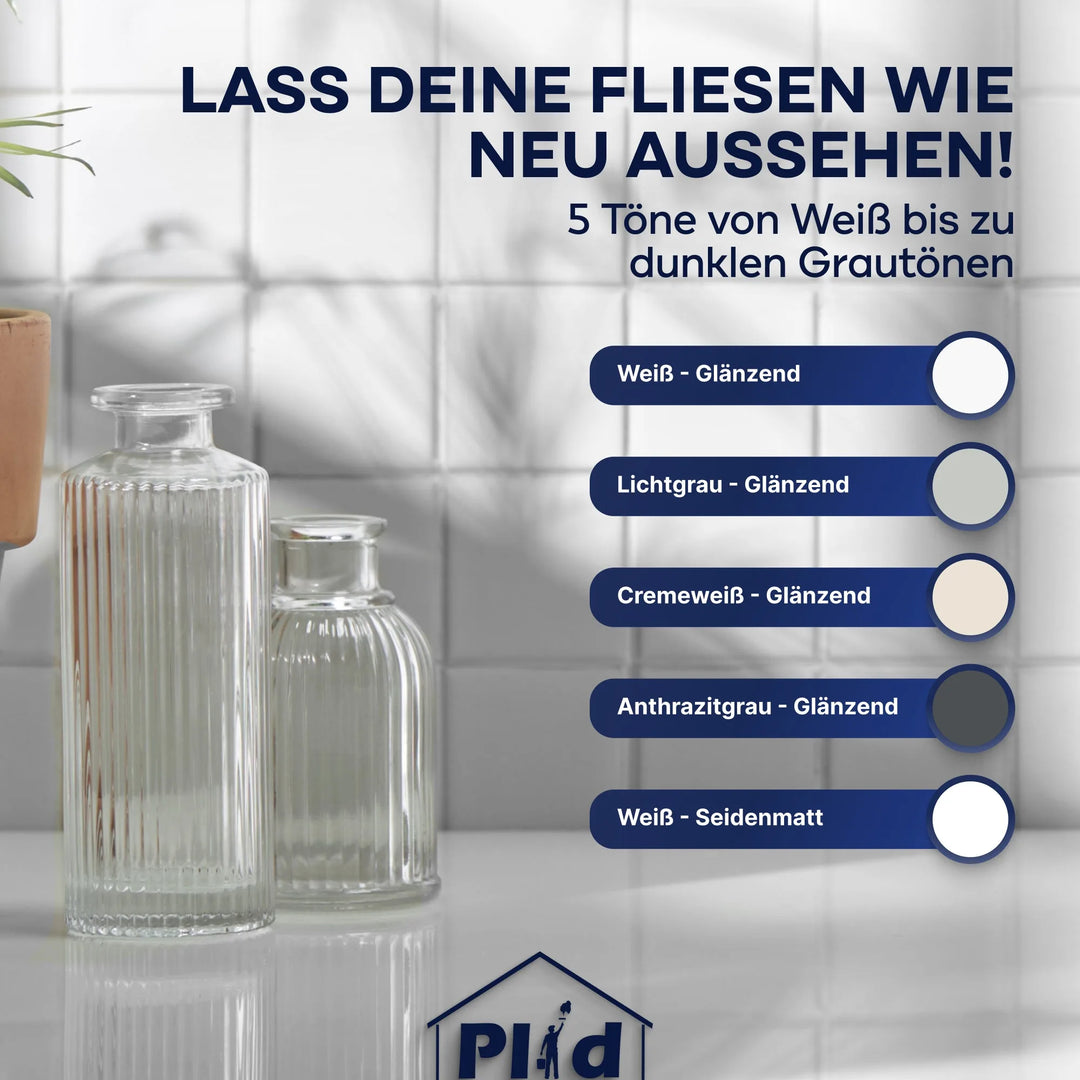 Zwei plid PU-Fliesenlack Set mit Anlauger und Lackierset Flaschen stehen auf einem Badezimmertisch. Der Text oben zeigt fünf Farboptionen für Bad &amp; Küche, von weiß bis dunkelgrau, mit runden Mustern neben jedem Farbton.