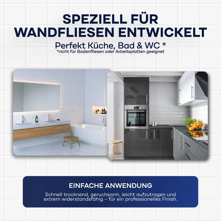 Zwei Fotos: ein Badezimmer mit hölzernem Waschtisch und rundem Spiegel und eine Küche mit weißen Subway-Fliesen. Der deutsche Text hebt hervor, wie plid Plid PU-Fliesenlack Wandfliesen renoviert und auffrischt und sie für Bad &amp; Küche haltbar und wasserfest macht.