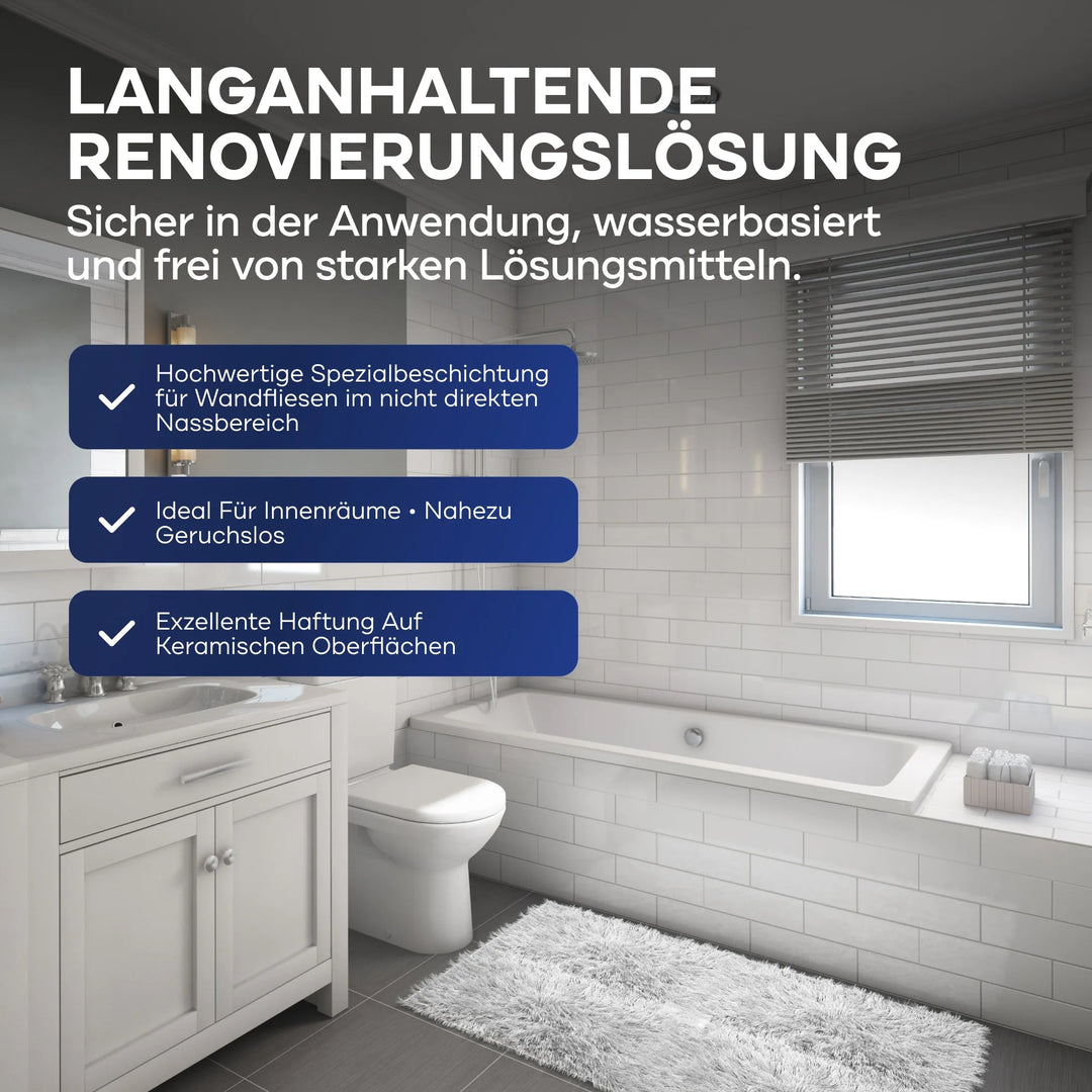 Helles weißes Badezimmer mit Wanne, Waschbecken und Toilette. Deutscher Text wirbt für plid PU-Fliesenlack-haltbar, wasserbeständig von plid: wasserbasiert, geruchsarm, für Innenräume und Keramikfliesen. Ideal für die Renovierung von Wandfliesen im Nicht-Nassbereich in Bad und Küche.