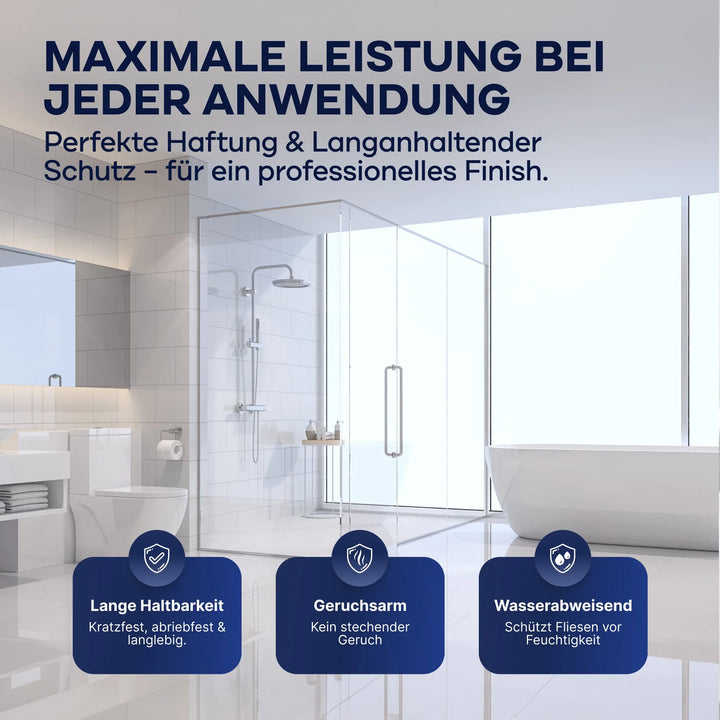 Modernes Bad mit Glasdusche, Badewanne und großen Fenstern. Plid PU-Fliesenlack von plid: strapazierfähig, geruchsarm und wasserfest - ideal zum Fliesen renovieren in Bad &amp; Küche. Drei Icons zeigen diese Vorteile unten im Bild.