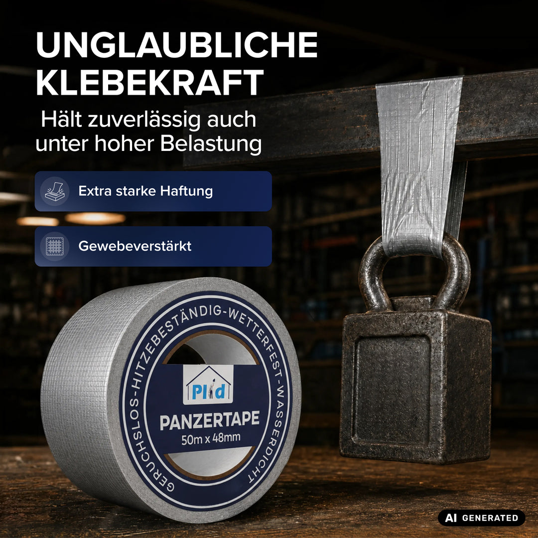 Über der Aufschrift Unglaubliche Klebekraft - Haelt zuverlässig auch unter hoher Belastung hängt ein schweres Eisengewicht an einem Streifen Panzertape. Blaue Felder nennen Extra starke Haftung und Gewebeverstaerkt, davor liegt eine Rolle.
