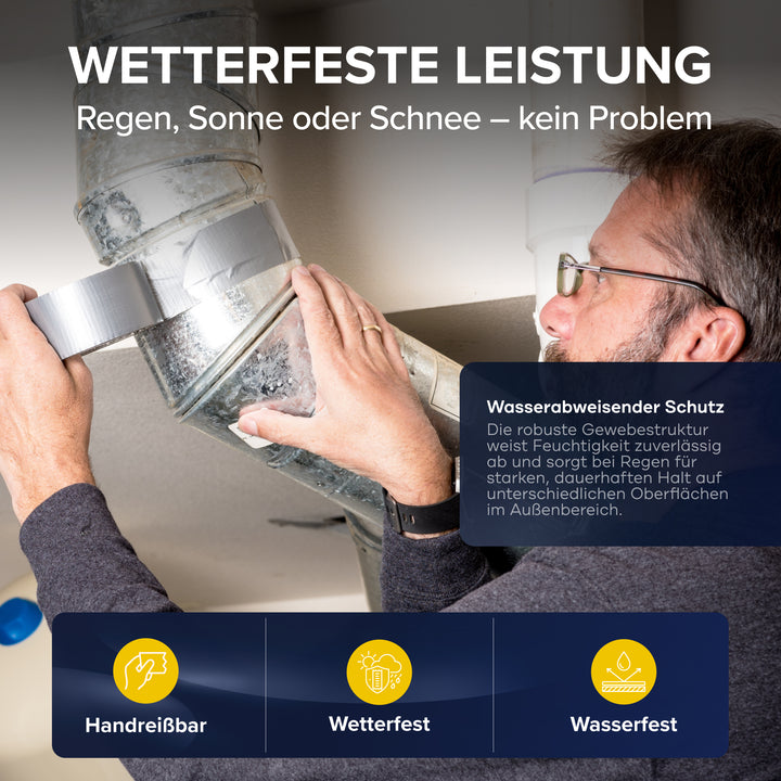 Wetterfeste Leistung - Regen, Sonne oder Schnee, kein Problem: Ein Mann klebt ein Lüftungsrohr mit silbernem Panzertape ab. Ein Textfeld erklaert den wasserabweisenden Schutz, Symbole nennen Handreißbar, Wetterfest und Wasserfest.