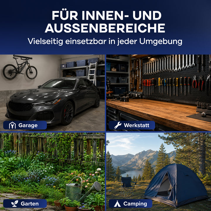Für Innen- und Außenbereiche - Vielseitig einsetzbar in jeder Umgebung: Vier Bilder zeigen ein Auto in der Garage, eine Werkbank mit Werkzeugwand, einen bepflanzten Garten und ein Zelt am Bergsee, beschriftet mit Garage, Werkstatt, Garten und Camping.