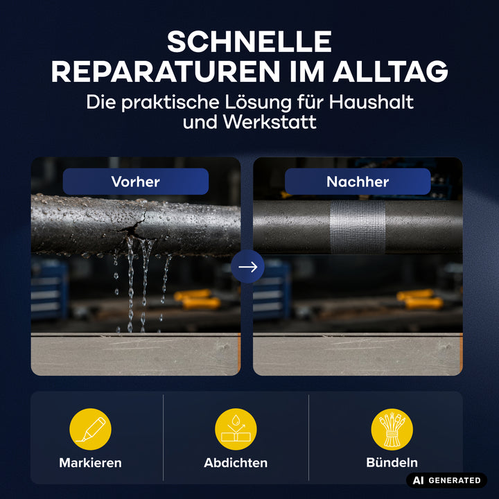 Schnelle Reparaturen im Alltag - Die praktische Lösung für Haushalt und Werkstatt: Links ein tropfendes Rohr mit der Aufschrift Vorher, rechts dasselbe Rohr mit Panzertape abgedichtet als Nachher. Symbole nennen Markieren, Abdichten und Bündeln.
