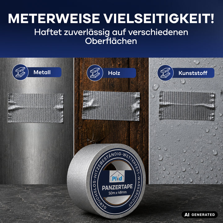 Meterweise Vielseitigkeit! Haftet zuverlässig auf verschiedenen Oberflächen: Drei Streifen Panzertape kleben auf Metall, dunklem Holz und nassem Kunststoff, jeweils beschriftet. Davor liegt eine Rolle Plid Panzertape 50m x 48mm.
