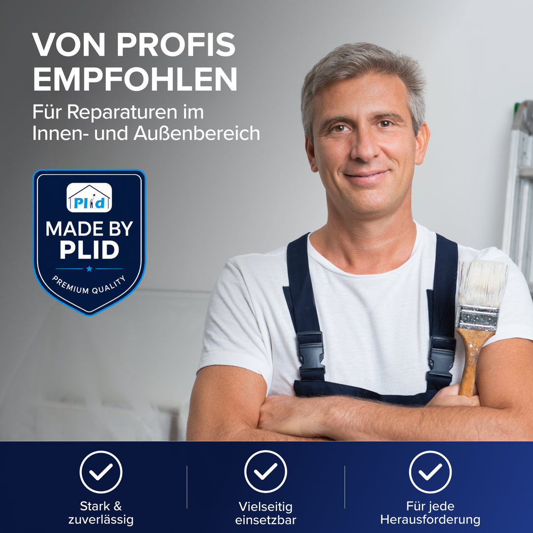 Von Profis empfohlen - Für Reparaturen im Innen- und Außenbereich: Ein lächelnder Mann in blauer Latzhose haelt einen Pinsel, daneben ein Siegel mit der Aufschrift Made by Plid, Premium Quality. Unten steht Stark &amp; zuverlässig, Vielseitig einsetzbar, Für jede Herausforderung.