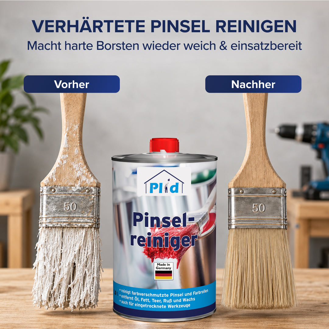 Vorher-Nachher-Vergleich auf einer Holzwerkbank: links ein verhärteter Flachpinsel mit eingetrockneten Farbresten, rechts derselbe Pinsel wieder weich und hell. Dazwischen steht die Dose Plid Pinselreiniger für verhärtete Pinsel.