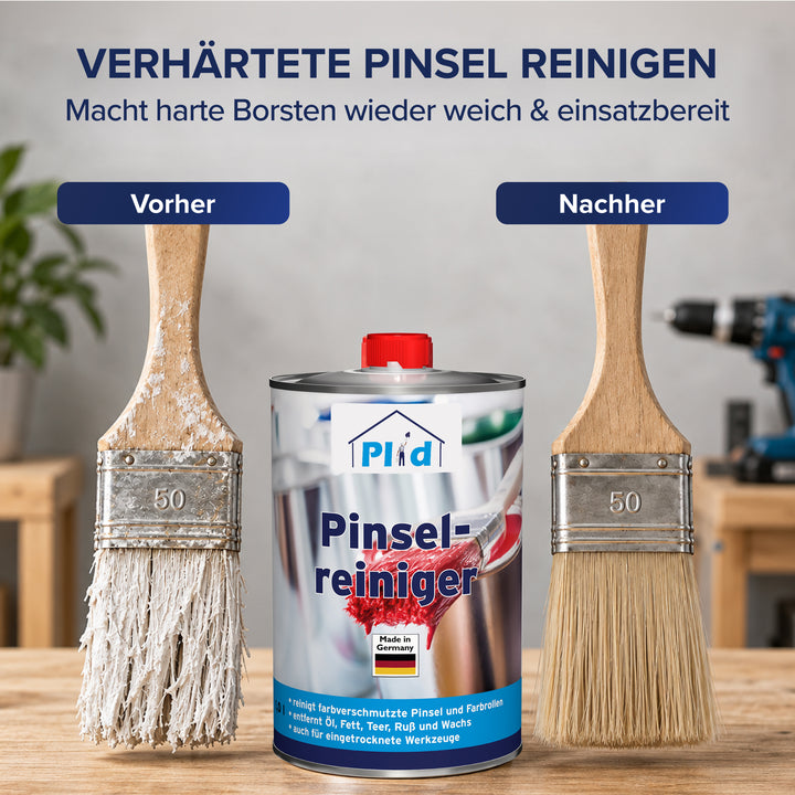 Vorher-Nachher-Vergleich auf einer Holzwerkbank: links ein verhärteter Flachpinsel mit eingetrockneten Farbresten, rechts derselbe Pinsel wieder weich und hell. Dazwischen steht die Dose Plid Pinselreiniger für verhärtete Pinsel.