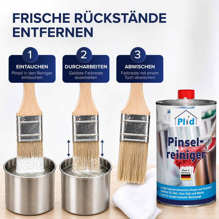 Drei nummerierte Schritte zeigen einen Pinsel über einem Metallbecher: eintauchen, durcharbeiten, abwischen. Rechts stehen die Dose Plid Pinselreiniger und ein weißes Tuch — so lassen sich frische Farbreste entfernen.