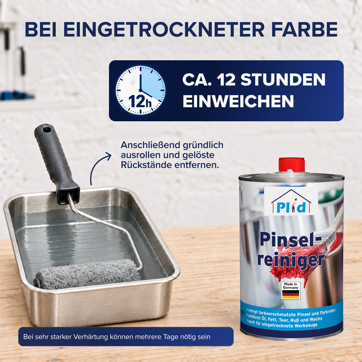 Eine Farbrolle liegt in einer Metallwanne mit klarer Reinigungsflüssigkeit, daneben eine Uhr-Grafik mit zwölf Stunden Einweichzeit und die Dose Plid Pinselreiniger. Zeigt die Anwendung bei eingetrockneter Farbe im Werkzeug.