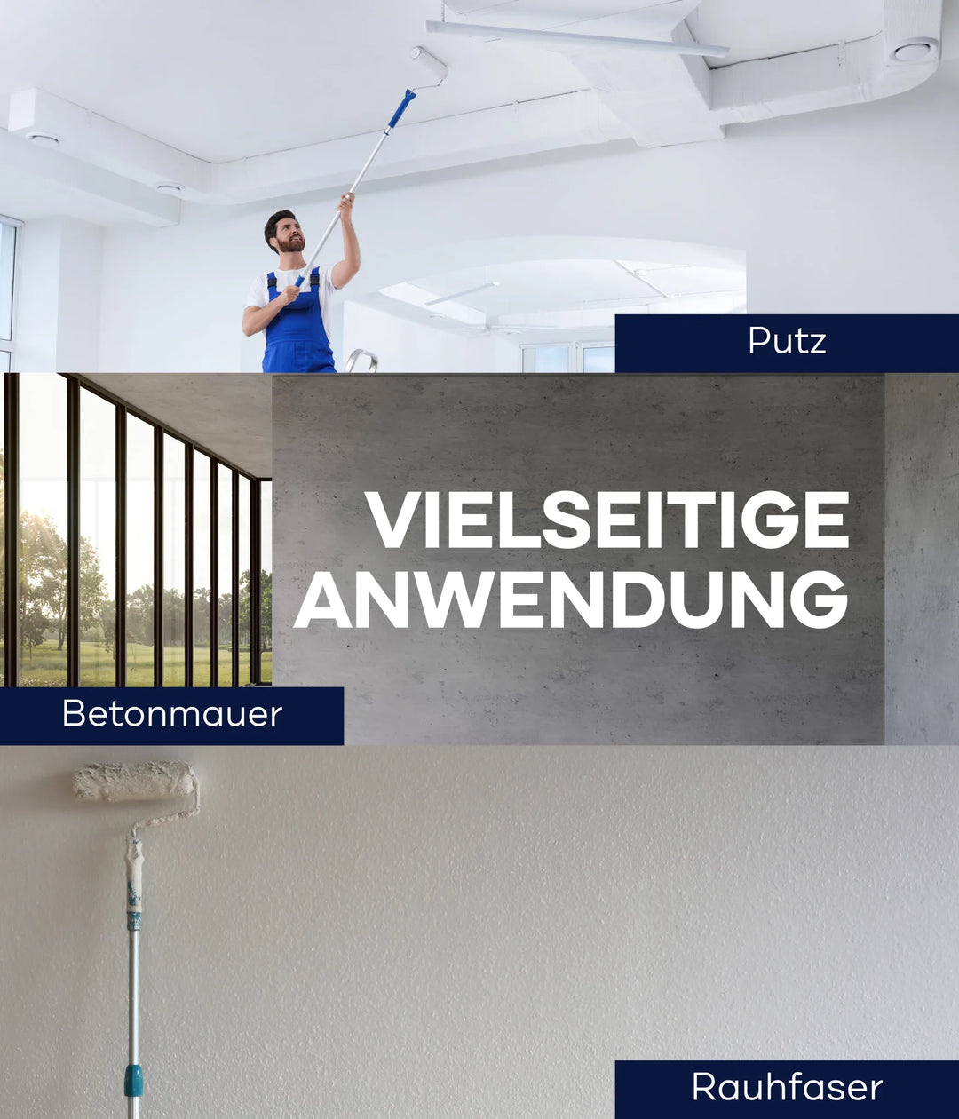 Ein Mann streicht mit einer Walze eine weiße Decke. Bilder der Oberflächen "Putz", "Betonmauer" und "Raufaser" zeigen den vielseitigen Einsatz von plid Innenfarbe - Streichset für Wände und Decken, hervorgehoben durch "Vielseitige Anwendung" in der Mitte.