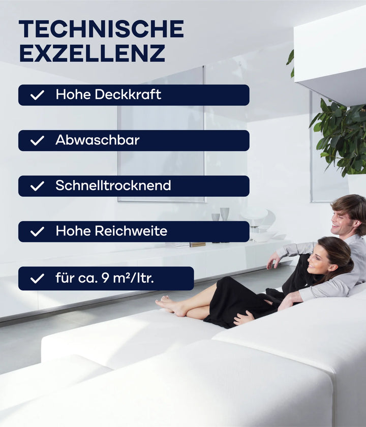 Ein Paar sitzt auf einem weißen Sofa in einem modernen Wohnzimmer. Blaue Kästchen heben das plid Innenfarbe - Streichset hervor: hochdeckend, abwaschbar, schnelltrocknend, sehr ergiebig und deckt etwa 9 m² pro Liter für Wände und Decken.