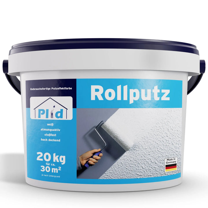 Der 20-kg-Eimer plid Rollputz 0,5mm weiß für Wand, Decke &amp; Fassade hat einen blauen Deckel und ein deutsches Etikett, das die Anwendung der Rolle zeigt. Er ist ideal für dekorative Wände und hebt Deckkraft und Struktur auf der Verpackung hervor.
