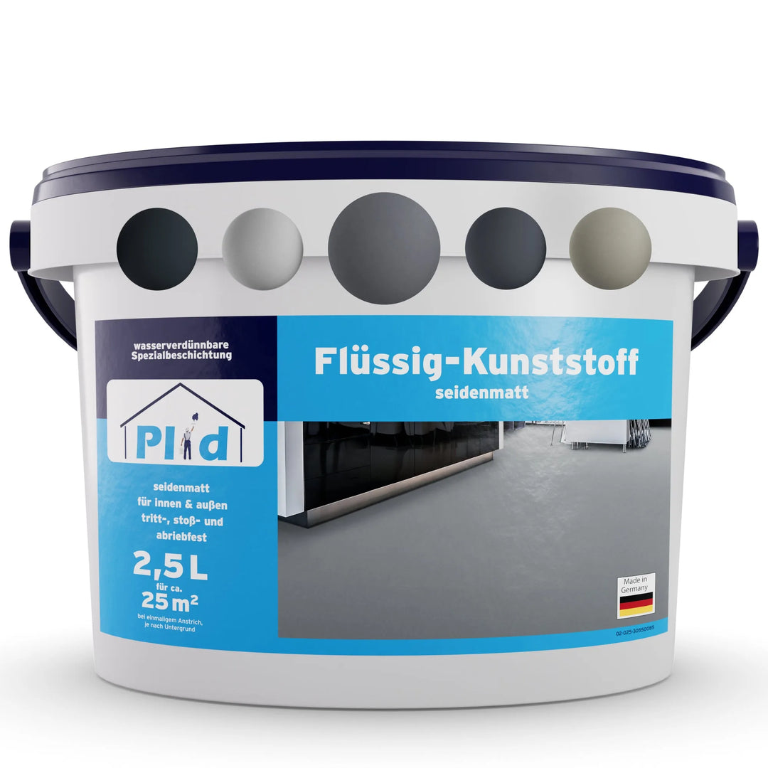 Ein 2,5-Liter-Eimer weiß/marinefarbener plid Flüssigkunststoff Bodenbeschichtung für Innen &amp; Außen - Betonfarbe, mit Farbmustern und einem beschichteten Bodenfoto auf dem Etikett; geeignet für den Innen- und Außenbereich.