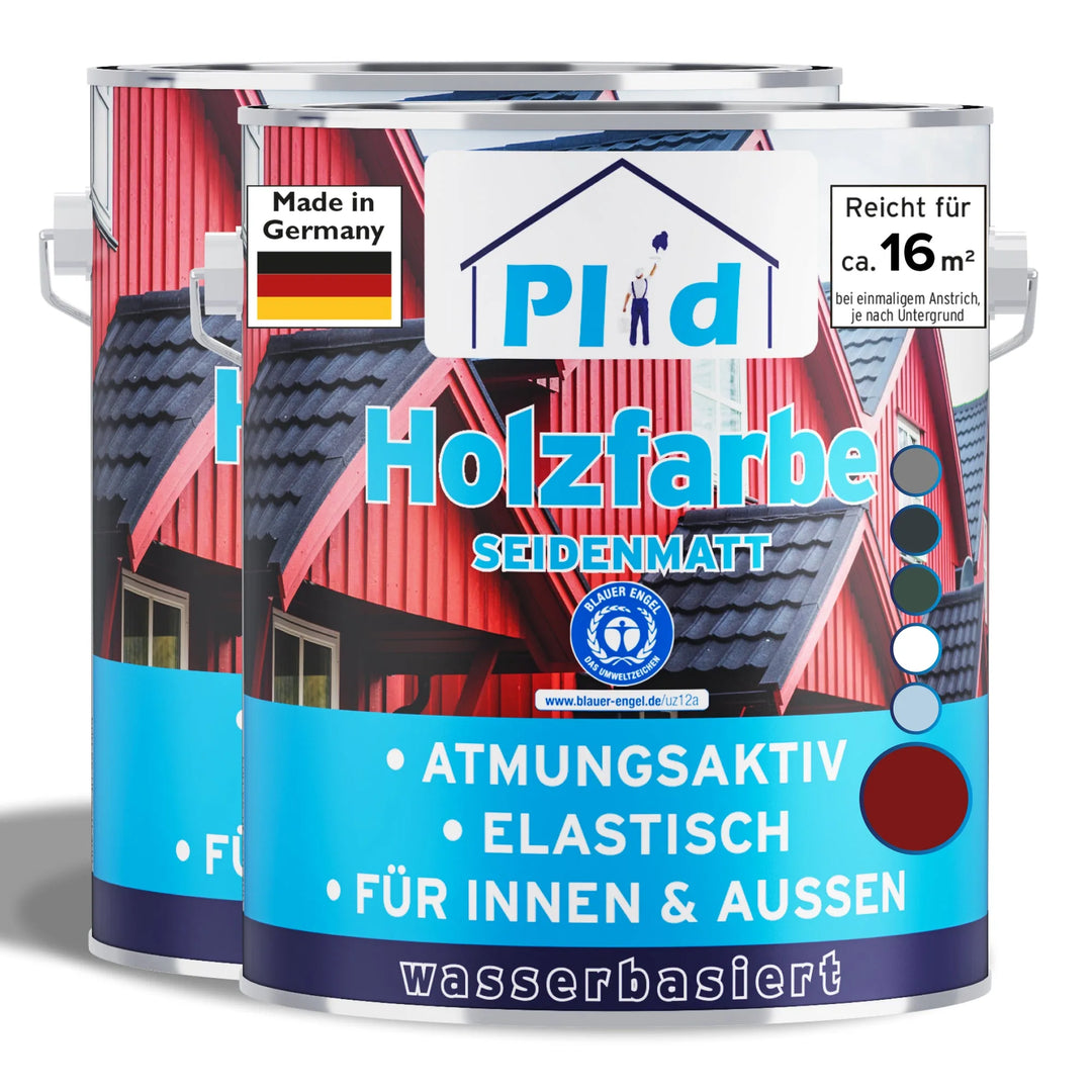 Zwei Dosen Plid Wetterschutz Holzfarbe - deckend &amp; wetterfest für innen &amp; außen von plid, seidenmatt. Das Etikett zeigt ein rot-weißes Haus, deutsche Details, "Made in Germany", sowie atmungsaktive, elastische und wasserbasierte Symbole.