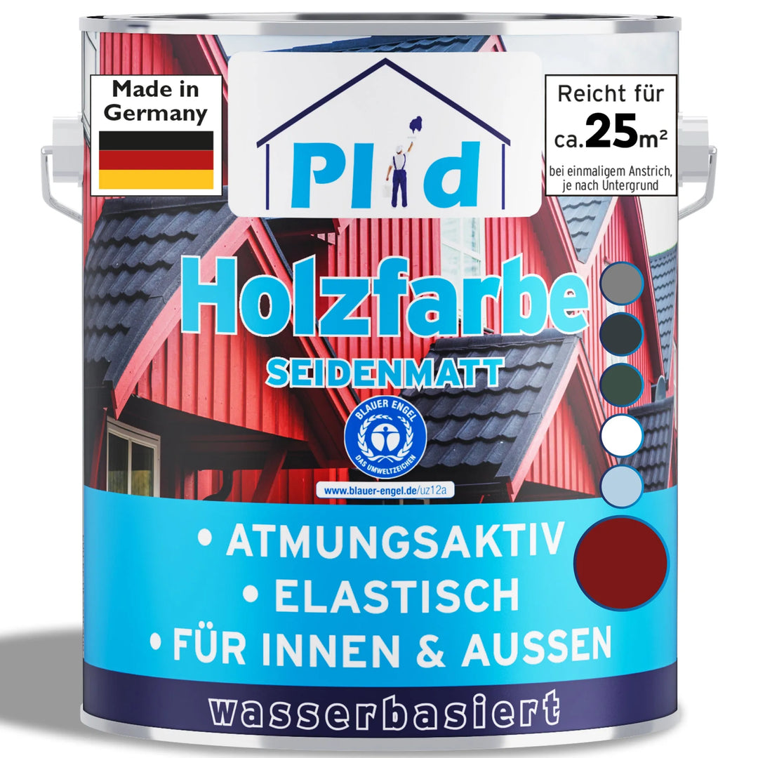 Eine Dose plid Wetterschutz Holzfarbe - deckend &amp; wetterfest für innen &amp; außen. Das Etikett zeigt ein rotes Haus, Farbmuster sowie Symbole für Atmungsaktivität und Elastizität, die für einen wirksamen Holzschutz im Innen- und Außenbereich sorgen.