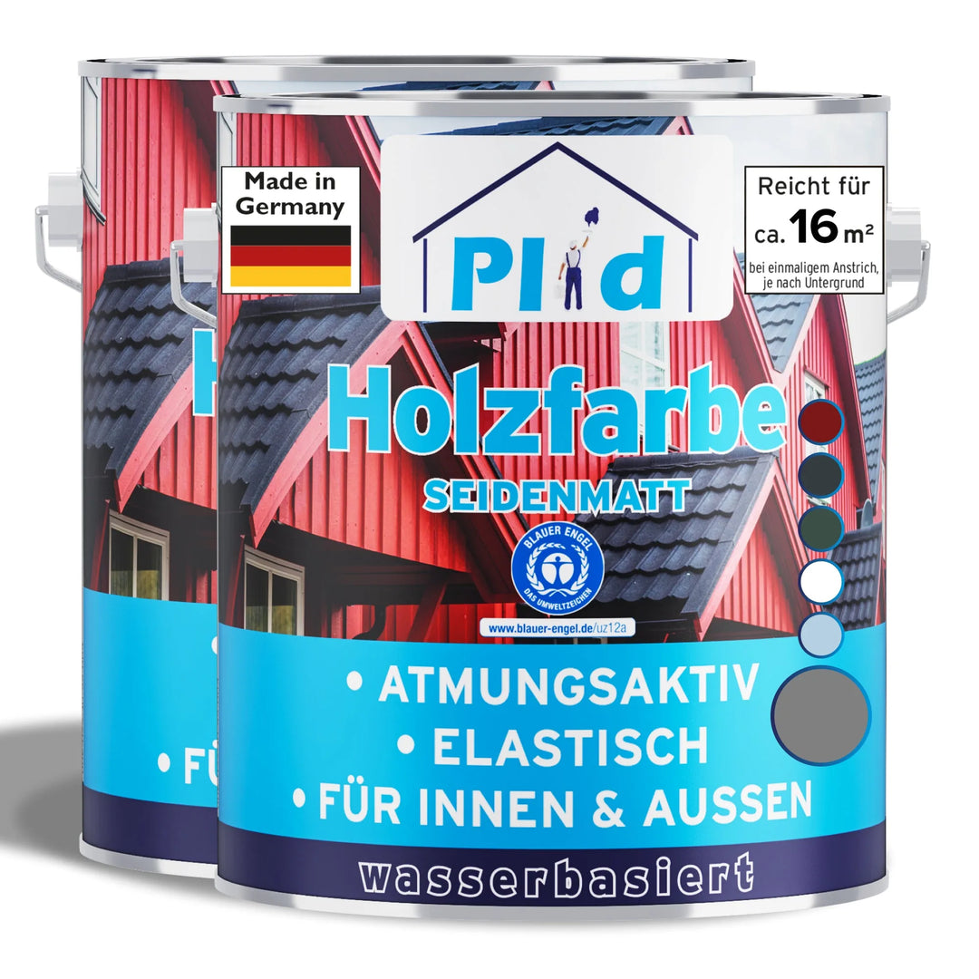 Zwei "plid Plid Wetterschutz Holzfarbe" Dosen (deckend &amp; wetterfest für drinnen/außen) mit Hausgrafik. Atmungsaktiv, elastisch, auf Wasserbasis, deckt 16m² ab, made in Germany. Abgebildet vor einem roten Haushintergrund.