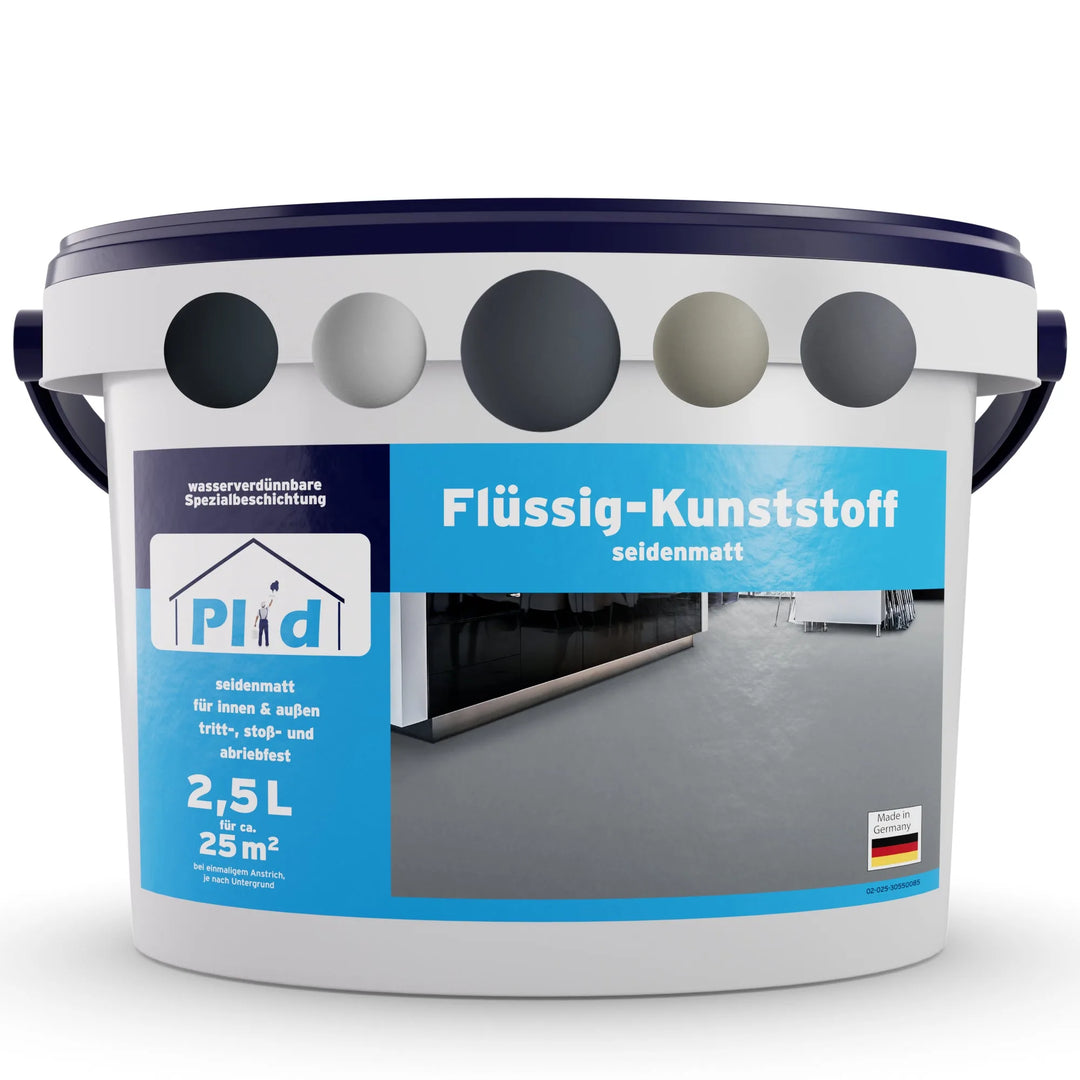 Ein weiß/marinefarbener Eimer von plid Flüssigkunststoff Bodenbeschichtung für Innen &amp; Außen - Betonfarbe, seidenmatt, zeigt Farbmuster, Gebrauchsinformationen, ein Bodenbild und ein deutsches Etikett mit dem Hinweis auf die Spezialbeschichtung für Fußböden.
