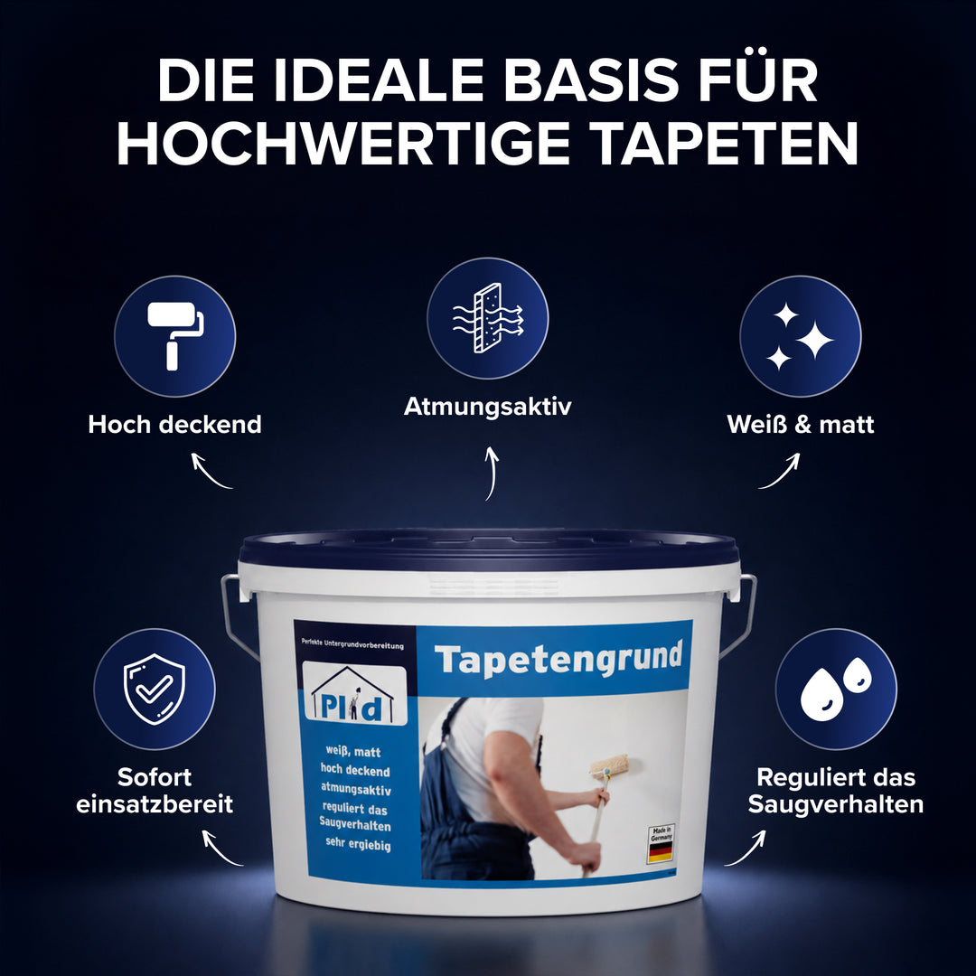 Auf dunkelblauem Grund steht Die ideale Basis für hochwertige Tapeten. Um den Eimer Plid Tapetengrund gruppieren sich sechs Symbole mit den Angaben hoch deckend, atmungsaktiv, weiß und matt, sofort einsatzbereit sowie reguliert das Saugverhalten.