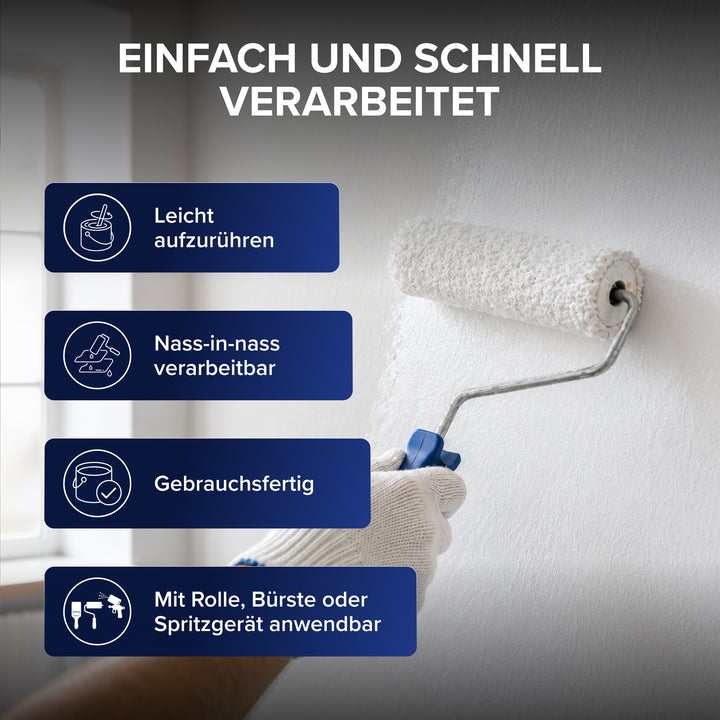 Eine behandschuhte Hand rollt mit einer Farbwalze über eine weiße Wand. Überschrift: Einfach und schnell verarbeitet. Vier blaue Kästen nennen leicht aufzurühren, nass-in-nass verarbeitbar, gebrauchsfertig sowie mit Rolle, Bürste oder Spritzgerät anwendbar.