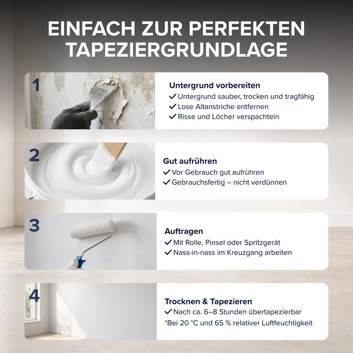 Vierstufige Anleitung Einfach zur perfekten Tapeziergrundlage: 1. Untergrund vorbereiten und Risse verspachteln, 2. gut aufrühren, nicht verdünnen, 3. mit Rolle, Pinsel oder Spritzgerät auftragen, 4. trocknen und nach ca. 6 bis 8 Stunden tapezieren.