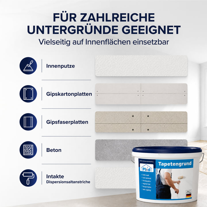 Überschrift Für zahlreiche Untergründe geeignet, vielseitig auf Innenflächen einsetzbar. Fünf Materialstreifen zeigen Innenputze, Gipskartonplatten, Gipsfaserplatten, Beton und intakte Dispersionsaltanstriche, rechts daneben der Eimer Plid Tapetengrund.
