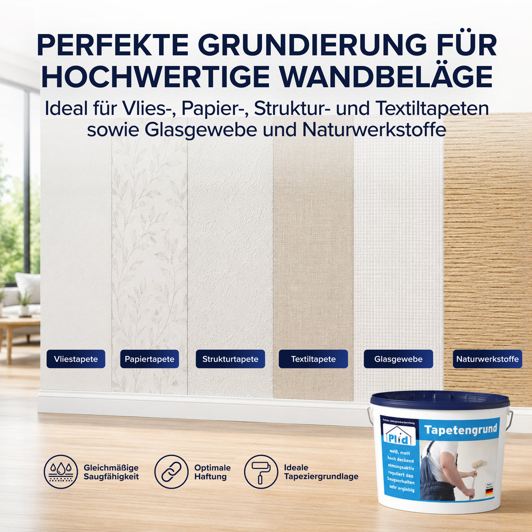 Sechs Tapetenbahnen nebeneinander, beschriftet mit Vliestapete, Papiertapete, Strukturtapete, Textiltapete, Glasgewebe und Naturwerkstoffe. Überschrift: Perfekte Grundierung für hochwertige Wandbeläge. Davor steht der Eimer Plid Tapetengrund.