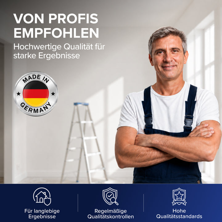 Ein lächelnder Handwerker in blauer Latzhose steht mit verschränkten Armen in einem hellen Raum, daneben ein Made in Germany-Siegel. Überschrift: Von Profis empfohlen, hochwertige Qualität für starke Ergebnisse. Unten: regelmäßige Qualitätskontrollen.