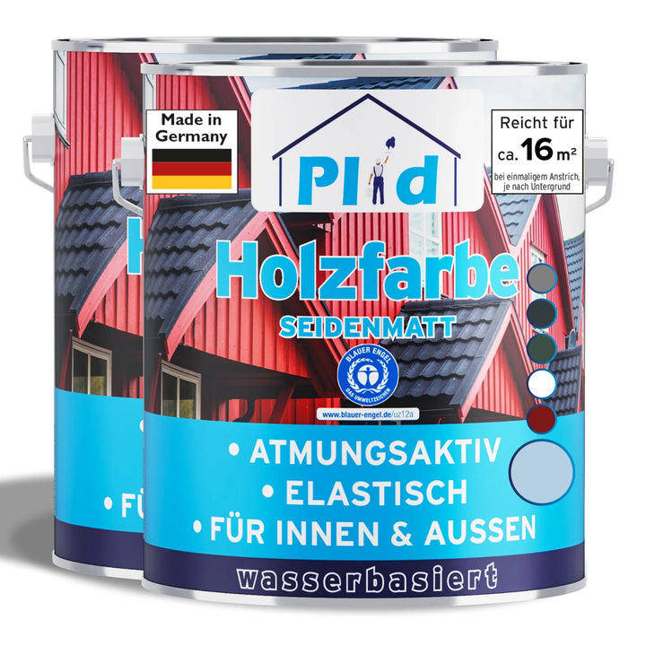 Zwei Dosen Plid Wetterschutz Holzfarbe von plid mit blau-weißen Etiketten, die ein Haus und die deutsche Flagge zeigen, betonen Atmungsaktivität, Elastizität und dauerhaften Holzschutz für den Innen- und Außenbereich.