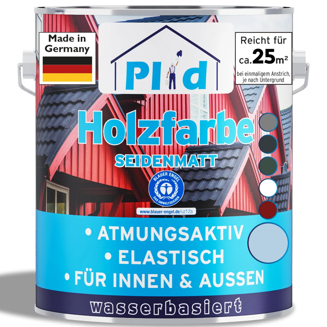 Eine Farbdose mit der Aufschrift Plid Wetterschutz Holzfarbe - deckend &amp; wetterfest für innen &amp; außen von plid zeigt rote Holzhäuser, blaue Akzente und eine deutsche Flagge. Der Text hebt den atmungsaktiven, elastischen Holzschutz auf Wasserbasis für den Innen- und Außenbereich hervor.